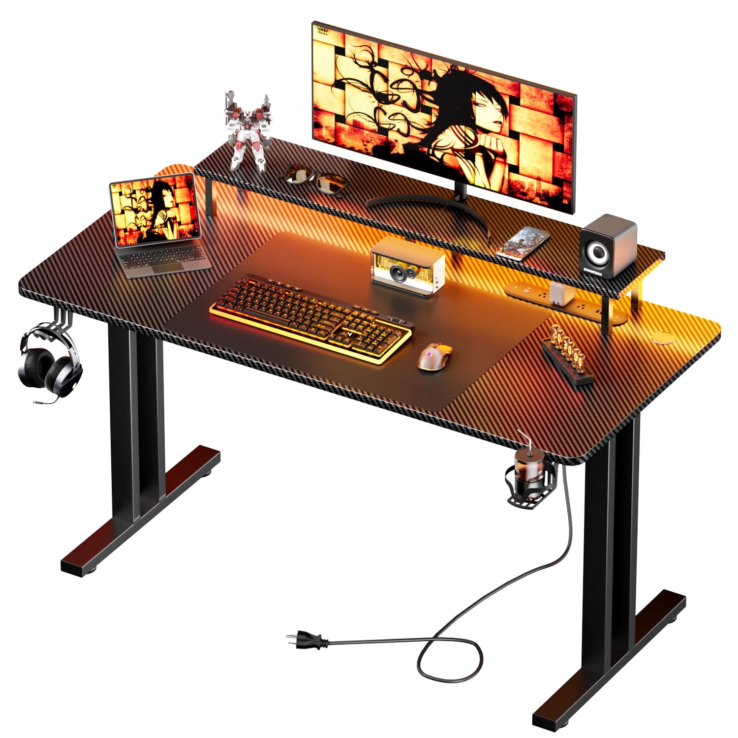 Scrivania da Gaming con Luci LED e Presa di Corrente, Scrivania per Gamer con Supporto Monitor, Tavolo Ergonomico in Fibra di Carbonio per Gaming e Ufficio Domestico con Portabicchieri, Gancio per Cuffie e Tappetino Mouse