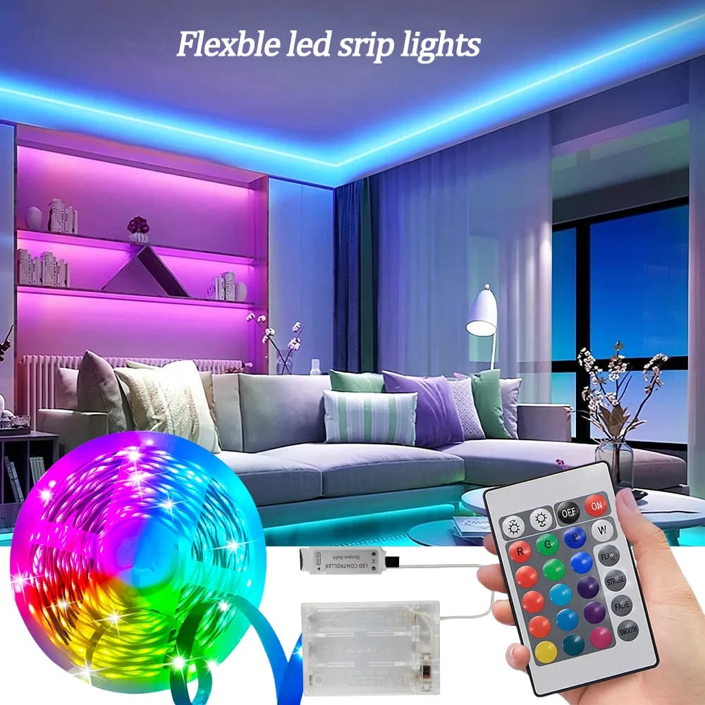 1 coil of 3535 LED light strips with 24 keys remote control, battery-powered (without batteries) per bedroom, parties