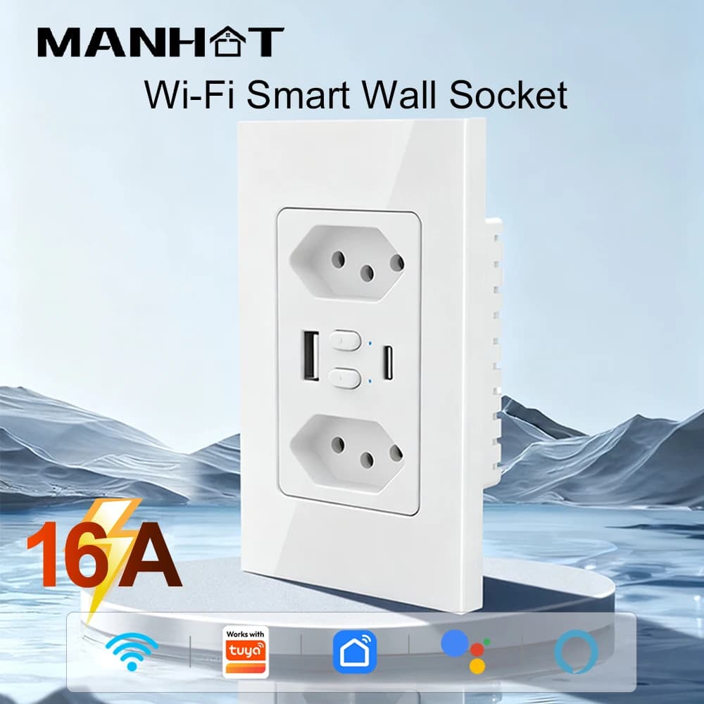 MANHOT Brazil 16A Smart Wifi Light Wall Socket Switch USB Type-C Plug Outlet APP Remote Control Work with Tuya Alexa Google Home
