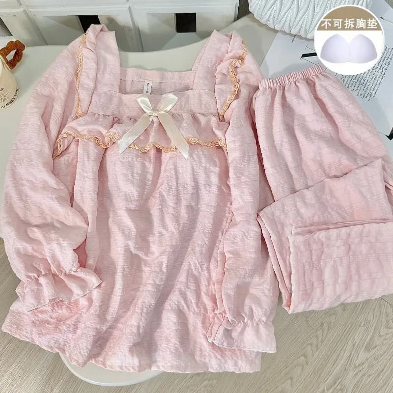 Women Pajamas Spring Autumn Student Cloud Cotton Chest Pad Lace Trim Set Girl Princess Sweet Long Sleeve Long Pants Homewear