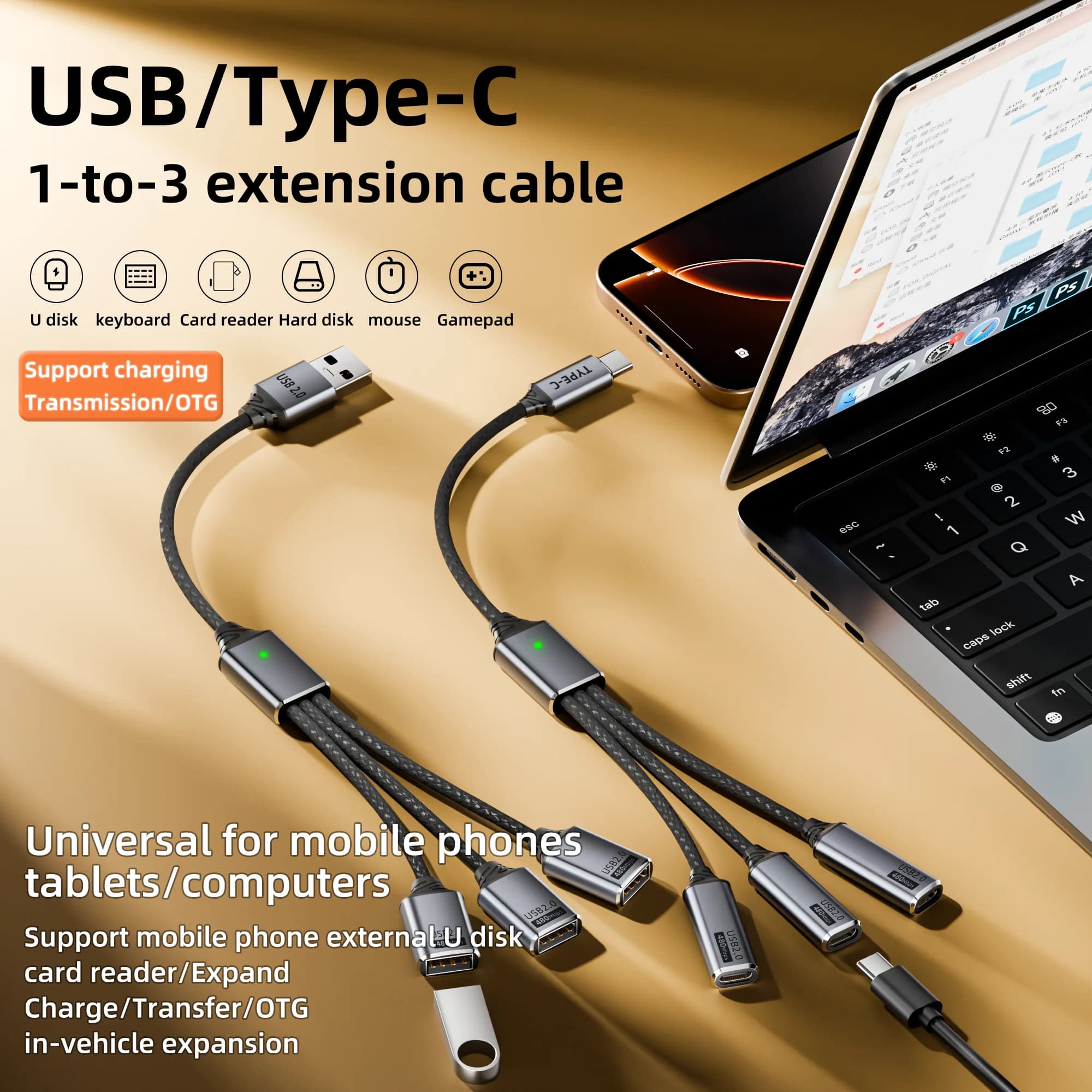 3 in TYPE C Fast Charging Data Sync Splitter HUB Extension Cable Multi Port Expander OTG Adapter for Phone Tablet Cable