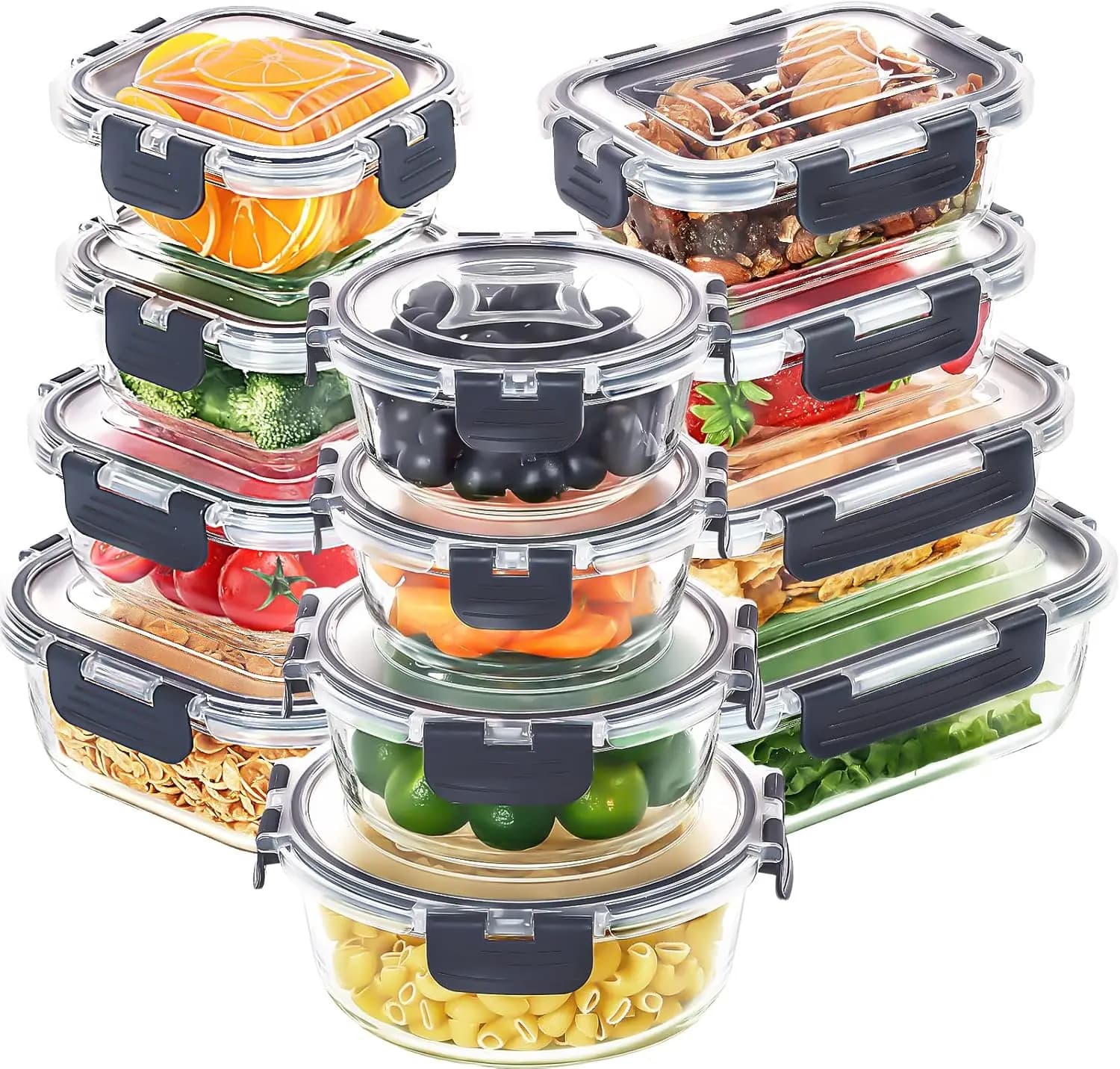 Set di 12 Contenitori in Vetro per Alimenti con Coperchi, per Preparazione Pasti, Conservazione in Dispensa e Cucina, per Pranzo, Ermetici, Ai