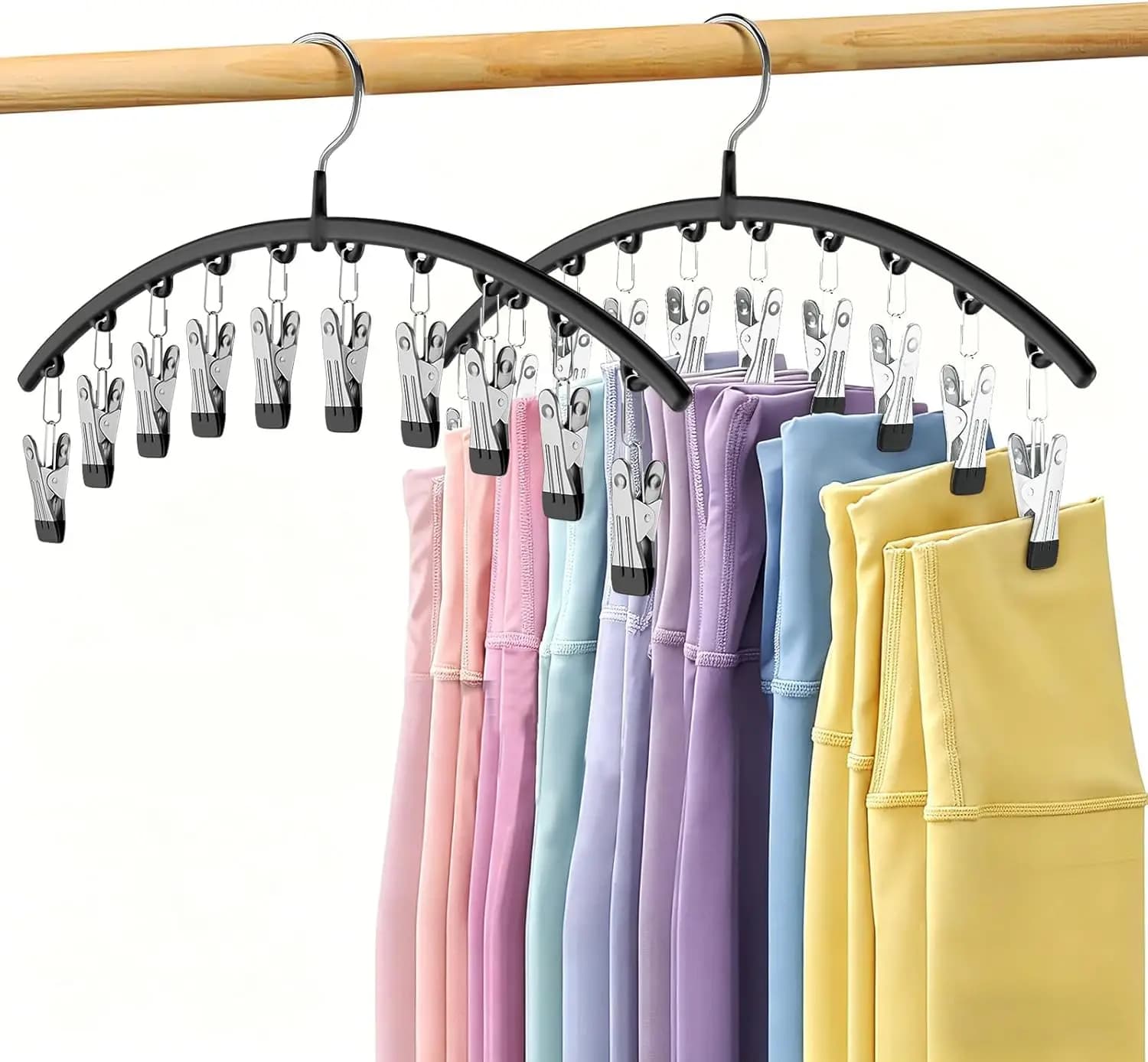 Confezione da 2 appendiabiti per pantaloni da yoga con 10 clip ciascuno, contiene 20 leggings, organizer salvaspazio per armadio, nero