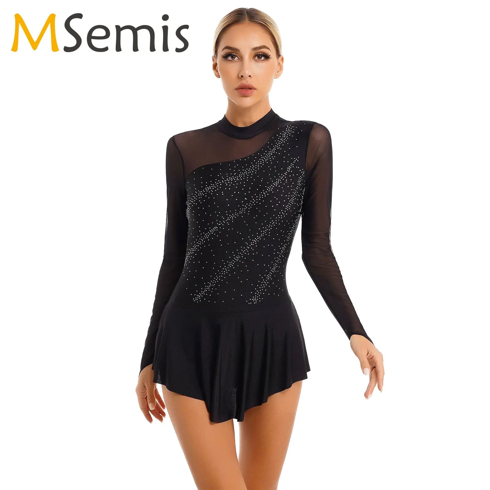 Body da ginnastica da donna con strass scintillanti, vestito da pattinaggio su ghiaccio, abito da balletto a maniche lunghe, performance sul palco, costume da ballo