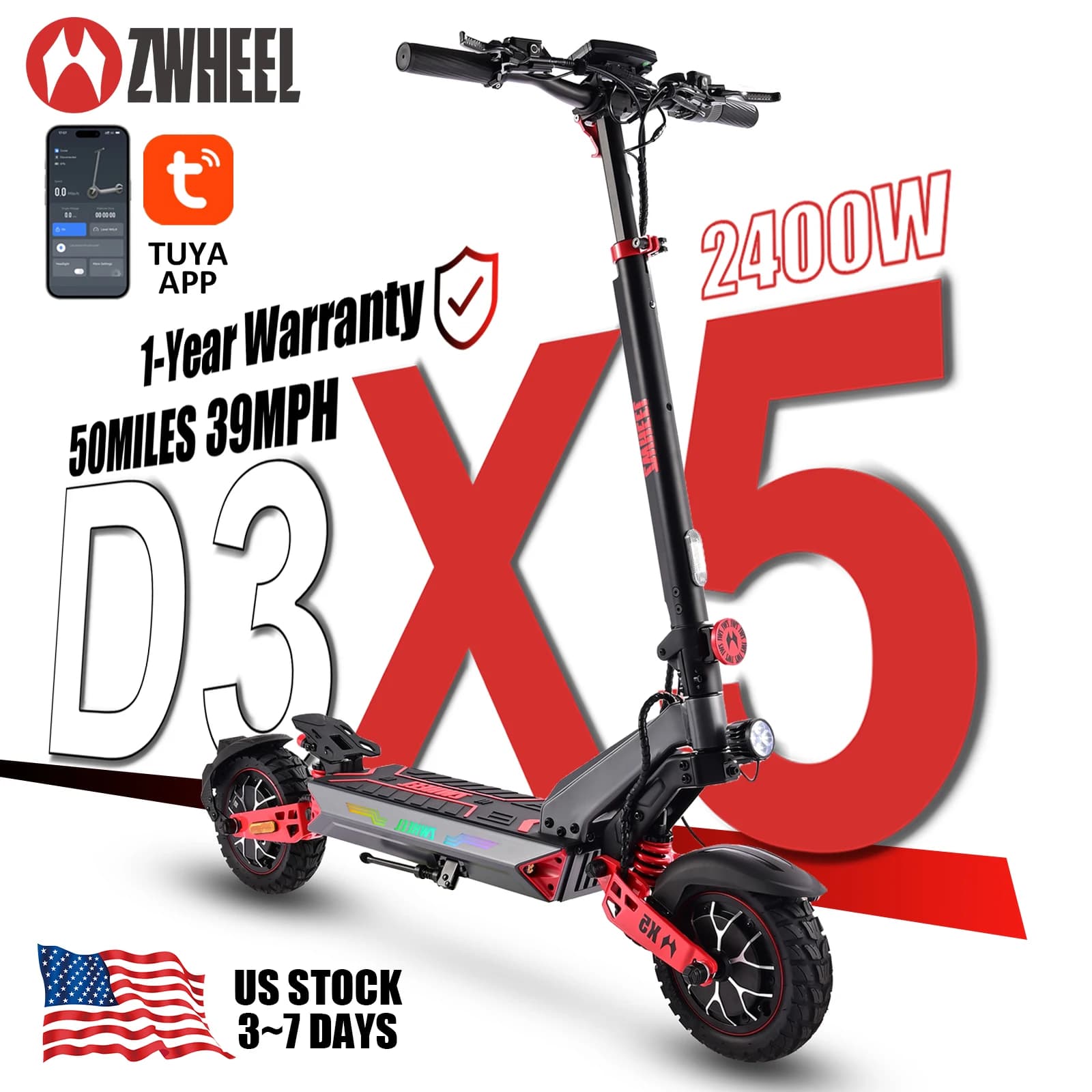 ZWHEEL D3 Dual Motors Electric Scooter 2400W All-wheel Drive Max Speed 39 MPH Max Range 50 Miles 960Wh Battery 1000 Cycles Bluetooth Locking and Unlocking Anti-theft Protection TUYA Smart APP 10''Off-Road Tires Low Noise Performance Scooter US Stock 2026