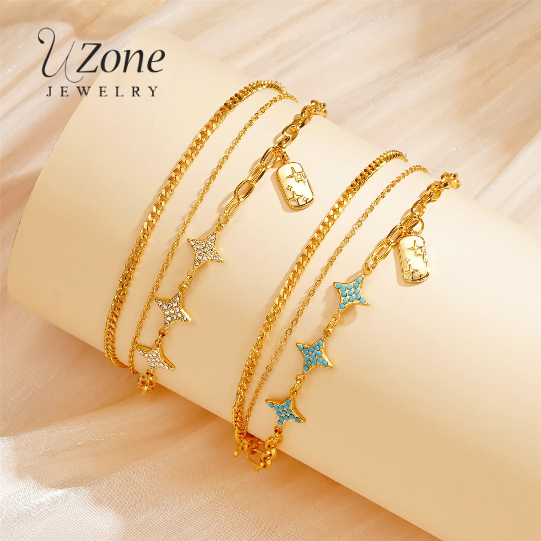 UZone Fashion Multi Layers Zricon Bracelet for Women Stainless Steel Shiny Star Adjustable Exquisite Statement Bracelet Jelwery