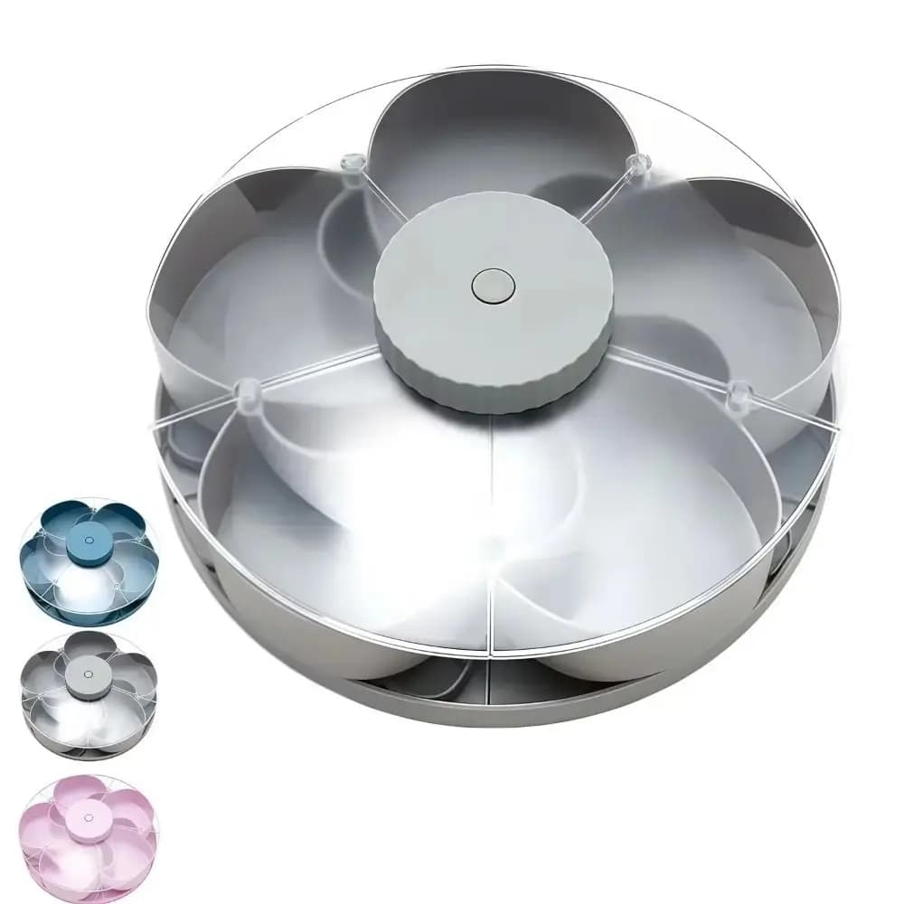 Vassoio Girevole per Snack con Coperchio, Contenitore Multi-Griglia Rotante, Scatola per Snack Divisa, Lazy Susan per Caramelle e Frutta Secca