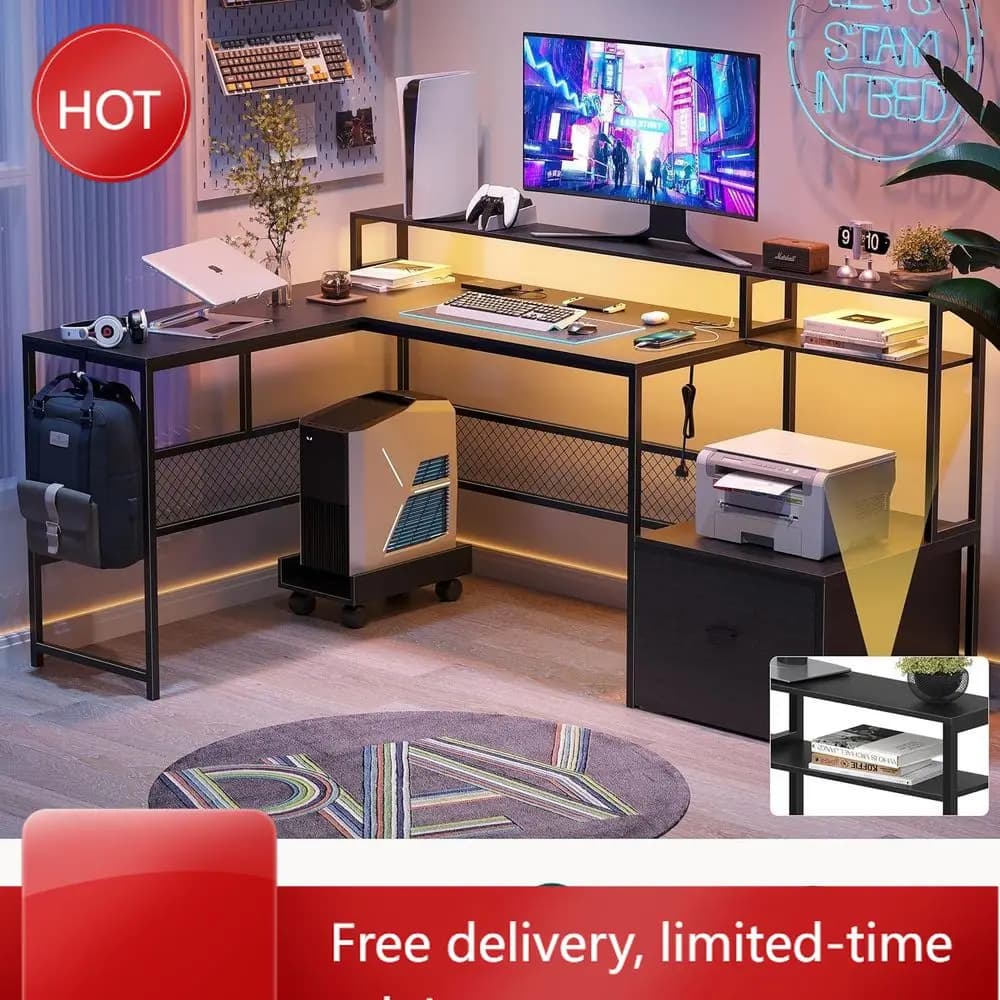 L Popular66 office desk with container, power outlet, LED lighting and monitor stand - Large black gaming desk