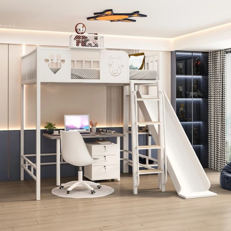 Wrought iron bunk bed with upper frame for adults and children, loft space, with iron frame for upper and lower bed