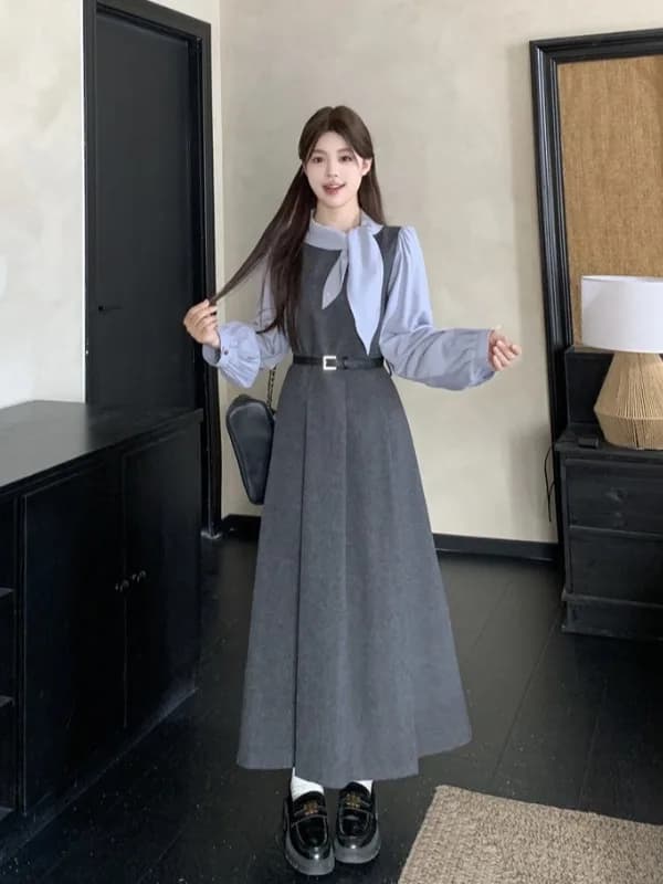 Women's strong size dress with contrasting belt and collar, high waist skirt, long sleeves, casual fall/winter style