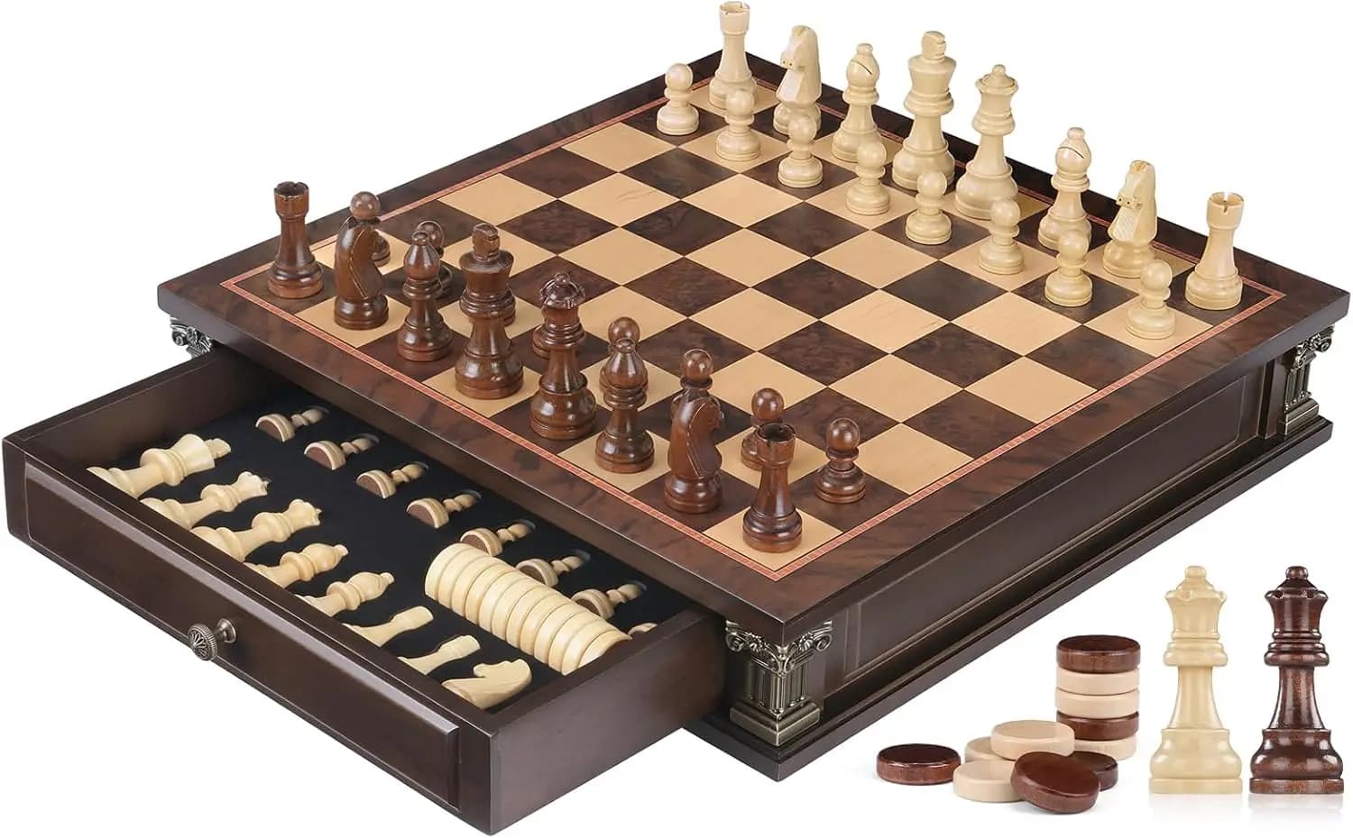 Set di Scacchi Magnetico con Scacchiera in Legno da 15 Pollici, Cassetti Portaoggetti e 2 Regine Extra per Adulti e Famiglie