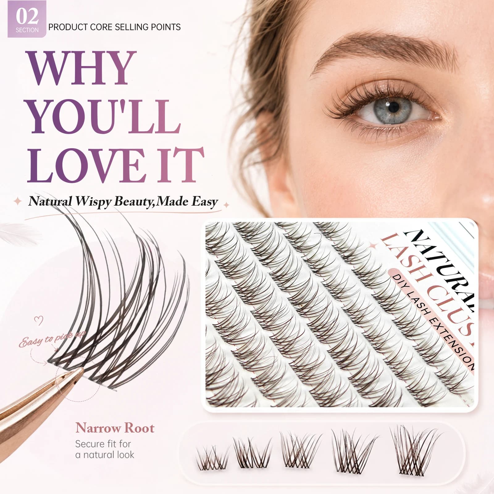 Yelix Self Adhesive Lash Clusters Natural Brown Eyelash Extensions Soft Wispy Fluffy DIY False Lashes Narrow Root Mixed Length