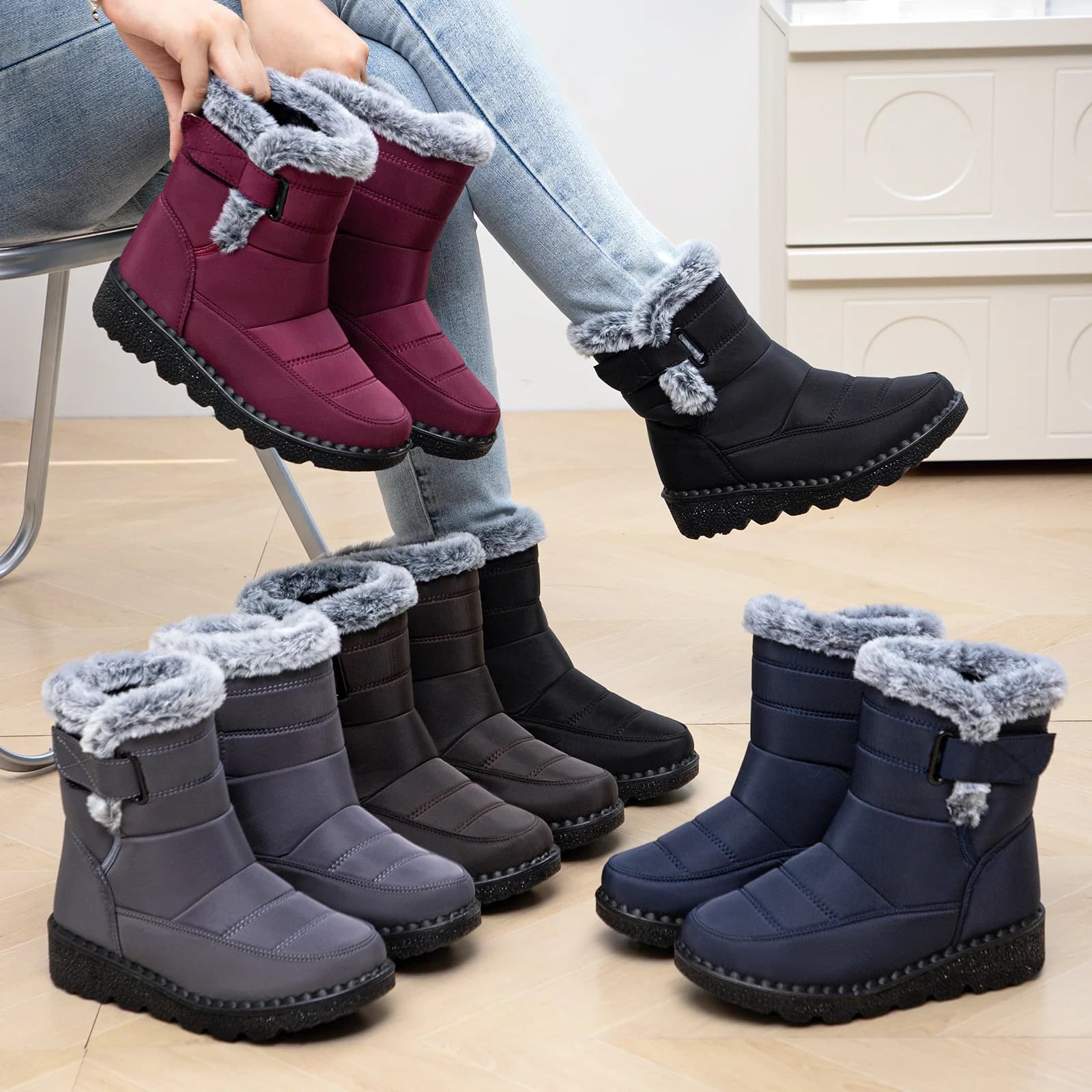 Stivali da donna Stivaletti super caldi per le donne Scarpe di pelliccia Scarpe invernali 2025 Stivali da neve per l'inverno Scarpe con tacco basso Botas Mujer
