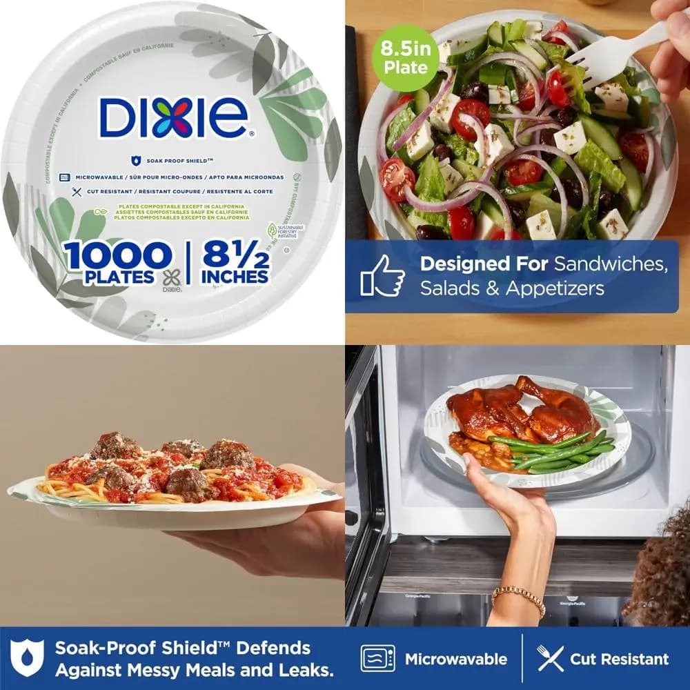 Medium weight botanical design paper plates, 8.5 inches, 1000 pieces, disposable, 125 dishes per package, 8 total, ecological packaging