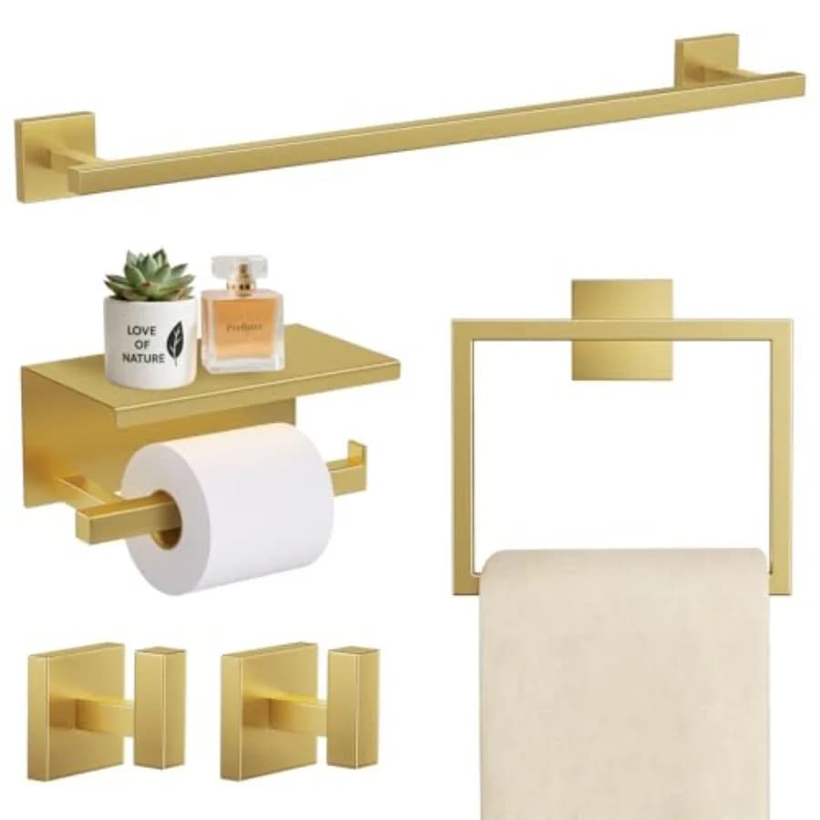 Set di 5 Accessori per Bagno in Acciaio Inox SUS304 Oro Spazzolato, Porta Asciugamani da 23,6 Pollici, Kit Accessori Bagno Quadrati