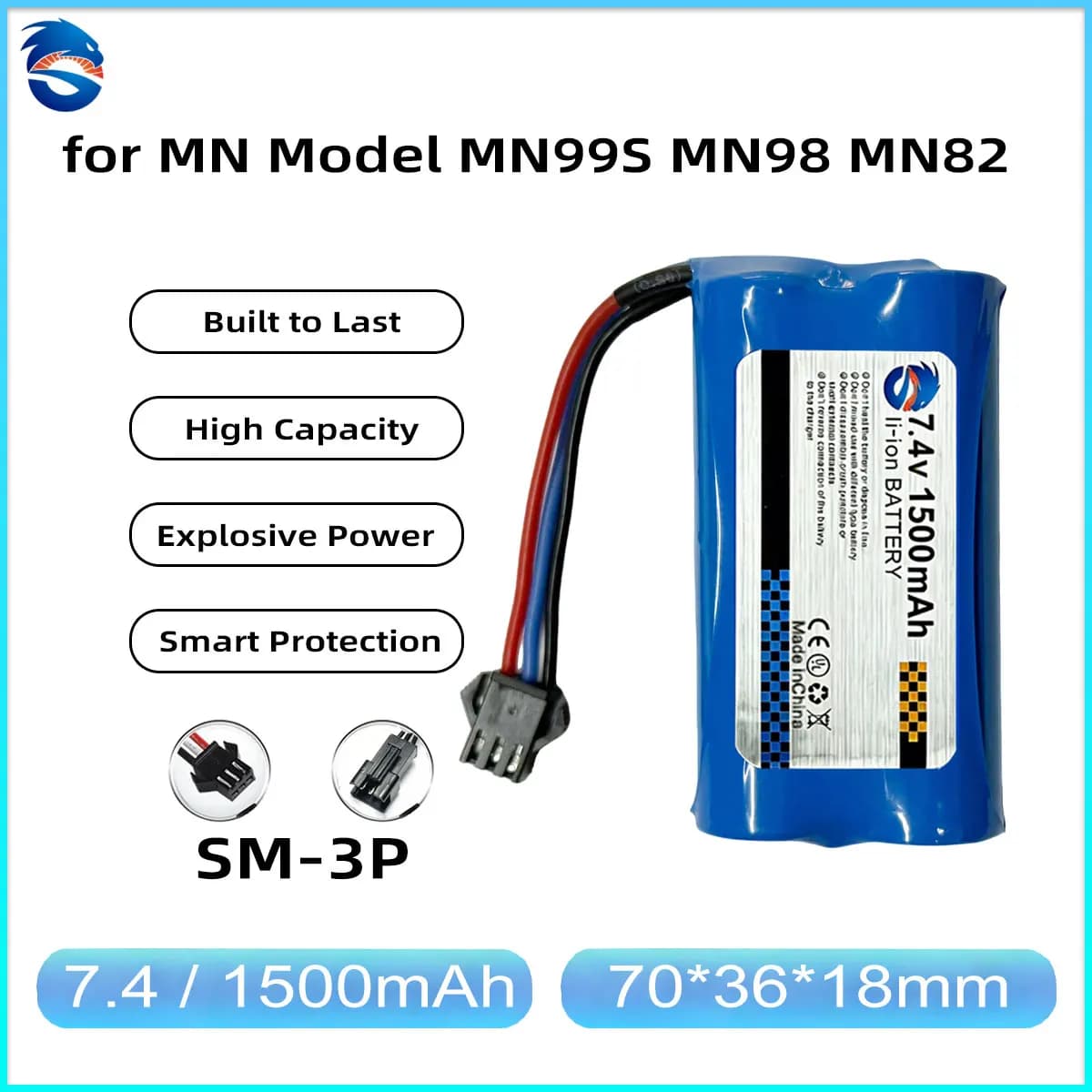 Batteria Li-Ion Skymaker 7.4V 1500mAh 2S 15C con Connettore SM3P Ricaricabile per Auto RC Modello MN MN99S MN98 MN128 MN82 MN168 - Ricambi per Upgrade