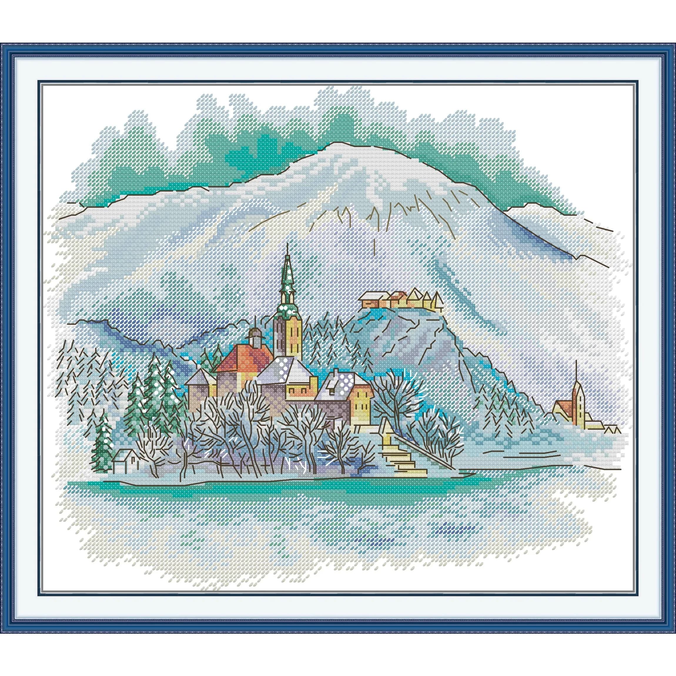 News Pre-Printed Cross Stitch Kit,Stamped Aida Fabric With DMC Threads,Embroidery Kit - A Small Mountain Town In Winter