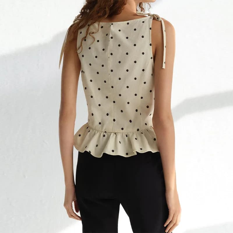 Top Vintage a Pois con Scollo all'Americana, Blusa Chic Senza Maniche con Spalline Annodate e Orlo Arricciato, Nuova Tendenza Estiva 2026, Abbigliamento Casual da Donna