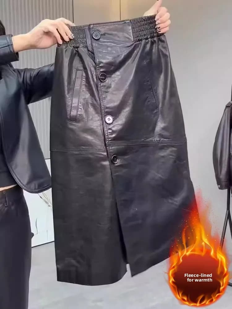 Cool Leather PU Skirt Women's Elastic Waist Slimming Split A-Line Midi Black Sequin Casual Style City Commute