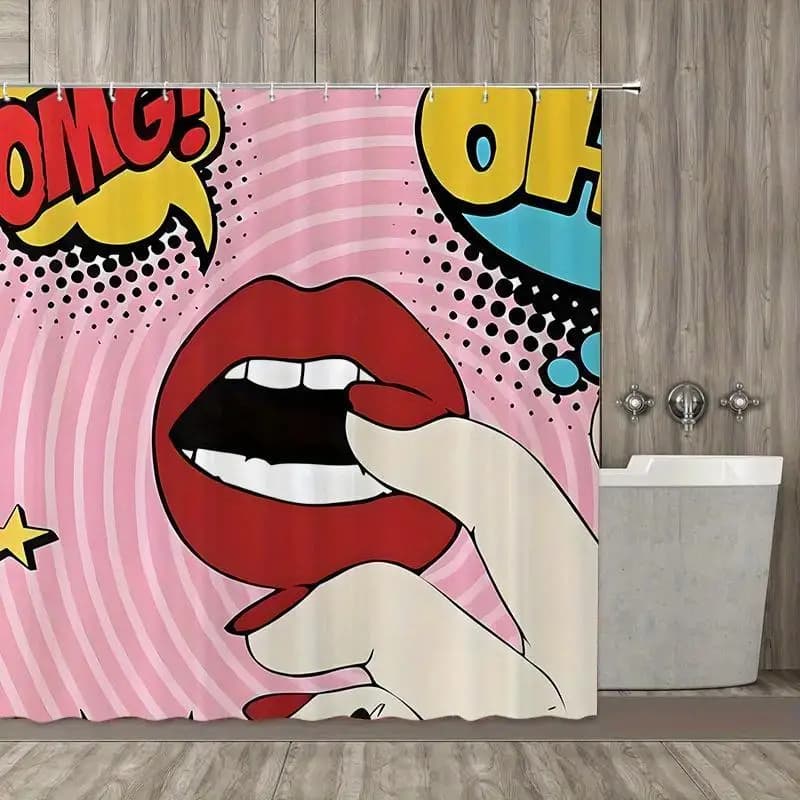 Trendy Pop Art Comic Book Lips Shower Curtain Bathroom Decor Funny Red Mouth Pop Culture Shower Liner for Home Bathing Room