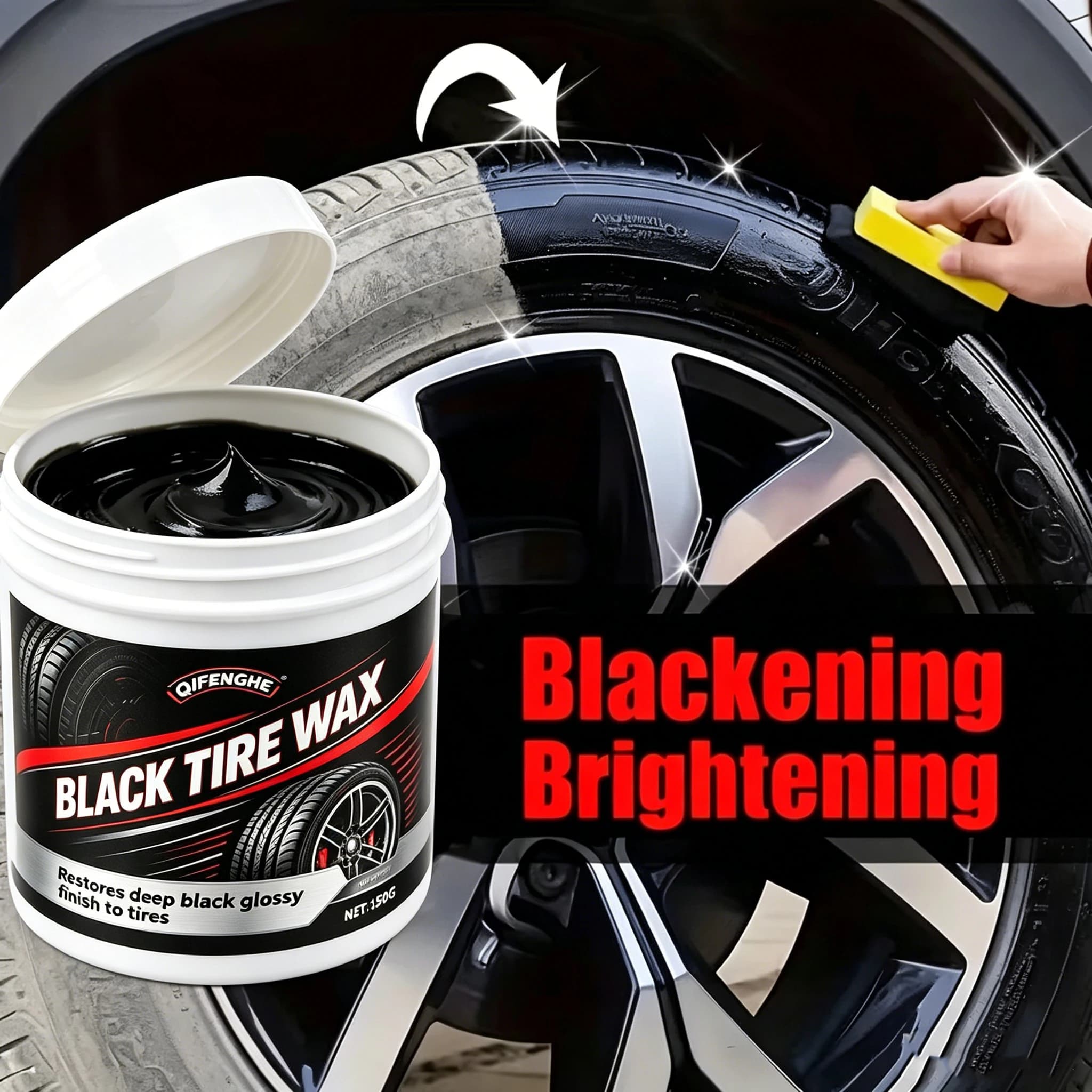 QIFENGHE BLACK TIRE WAX 150G Car Tire Polish Restores Deep Black Gloss Anti-Aging Protective Coating Dirt Resistant Tire Renovat