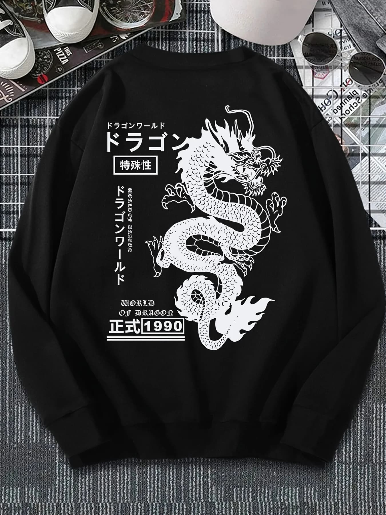 Men's autumn and winter fashion casual loose Japanese characters and Chinese Loong pattern long sleeve round neck sweatshirt