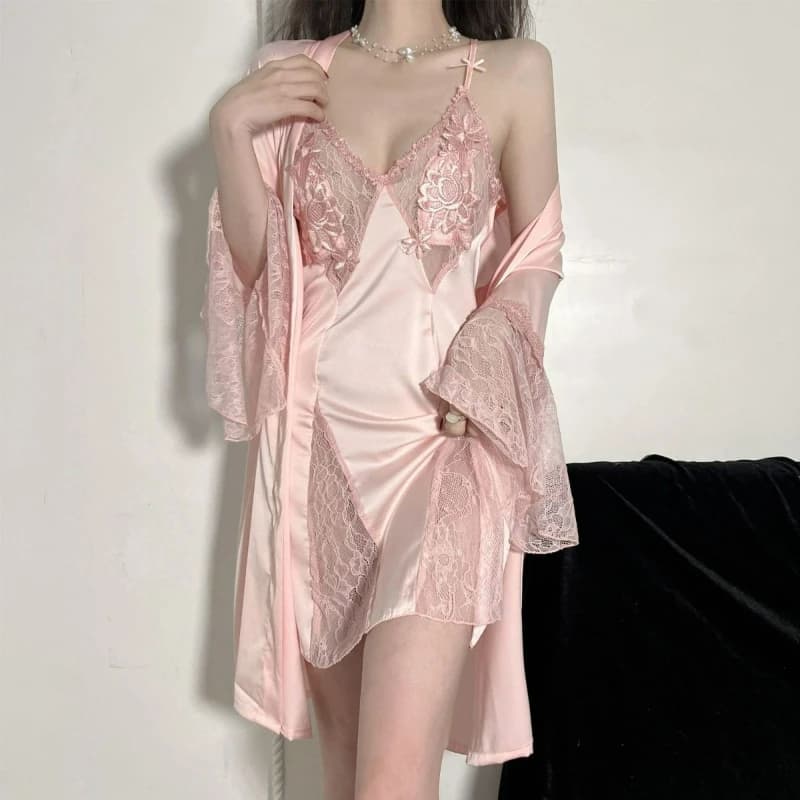 Complete pajamas two pieces for women in thin silk, sexy, solid color, with lace V neckline, Korean style, for summer 2026
