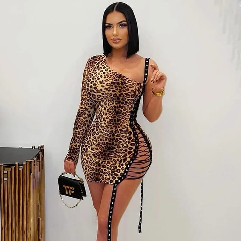 Doyerl Leopard Print Lace-up Bandage Bodycon Dress Women Y2K Long Sleeve One Shoulder Night Club Mini Party Birthday Dresses