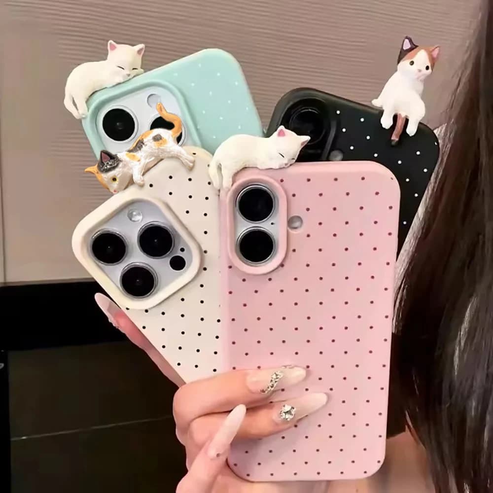Custodia per telefono in pelle con motivo litchi gatto sdraiato 3D carino per iPhone 16 11 13 15 12 14 Pro Max Plus Cartoon Soft Candy Matte Cover