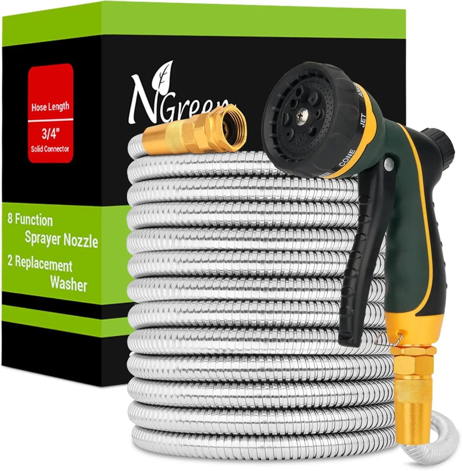 Tubo da Giardino in Acciaio Inossidabile Rinforzato da 30 Metri con Ugello a 8 Getti, Flessibile e Anti-Piega per Giardino e Camper