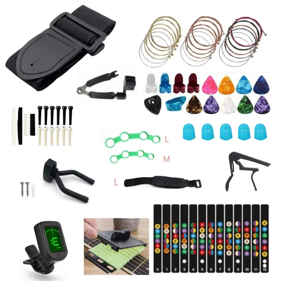 Accessorio completo per chitarra da 68 pezzi: corde acustiche, plettri, capotasto, avvolgitore di corde, perni del ponte e strumenti essenziali