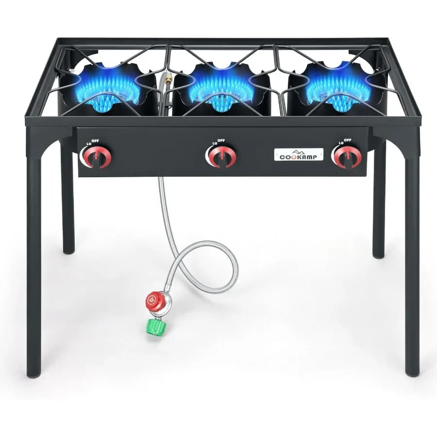 Outdoor propane camping stove with triple high pressure propane burner with adjustable high pressure regulator 0-20 PSI and Br steel