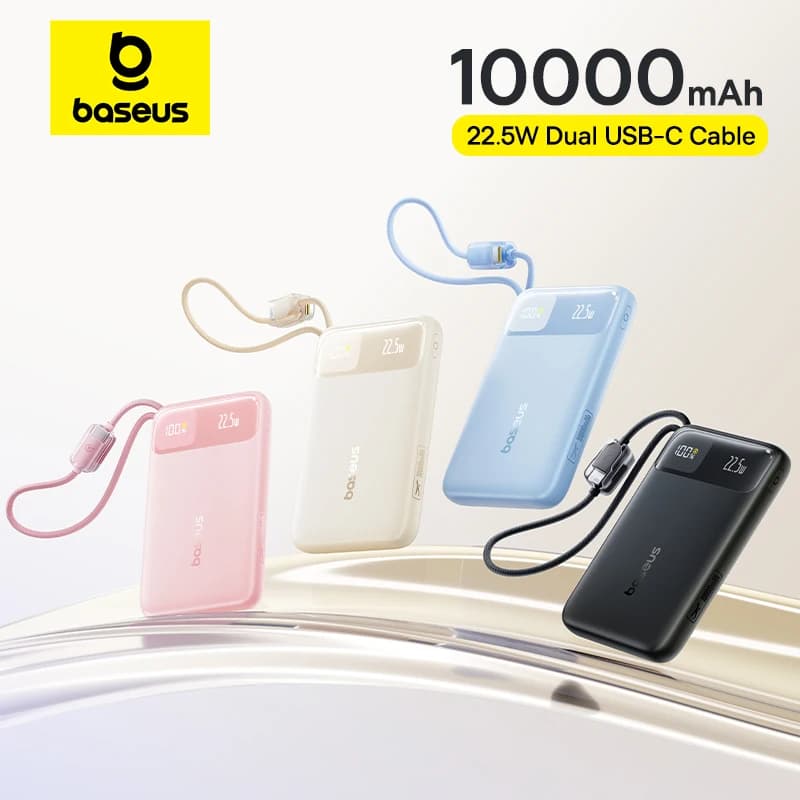 Baseus 10000mAh Power Bank 22.5W Built-in USB-C Dual Cable Slimmer Quick Charging for iPhone 17 Pro Max Samsung S25 Xiaomi Little