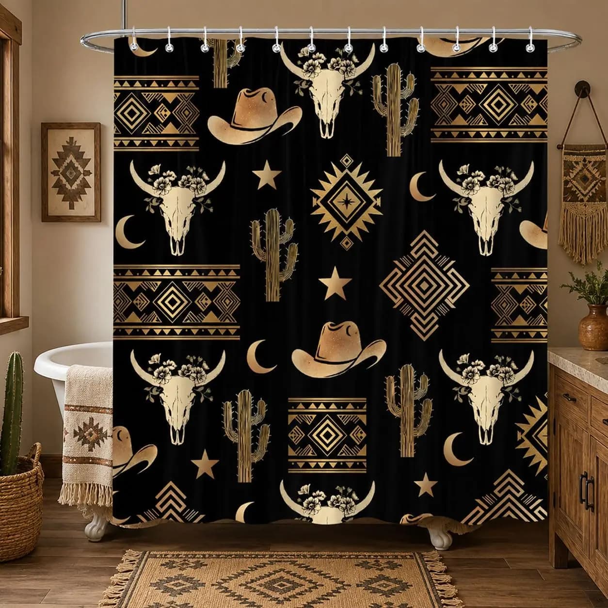 Boho Western Skull Cactus Tribal Shower Curtain Black Background Bohemian Southwestern Bathroom Shower Liner Decor