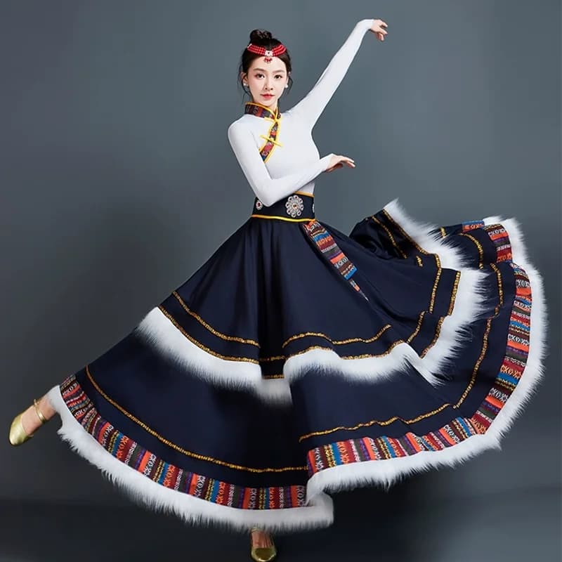 Tibetan Dance Performance Costume Double Layered Large Skirt Chinese Style Ethnic Mongolian Dance Practice Dress Outfits