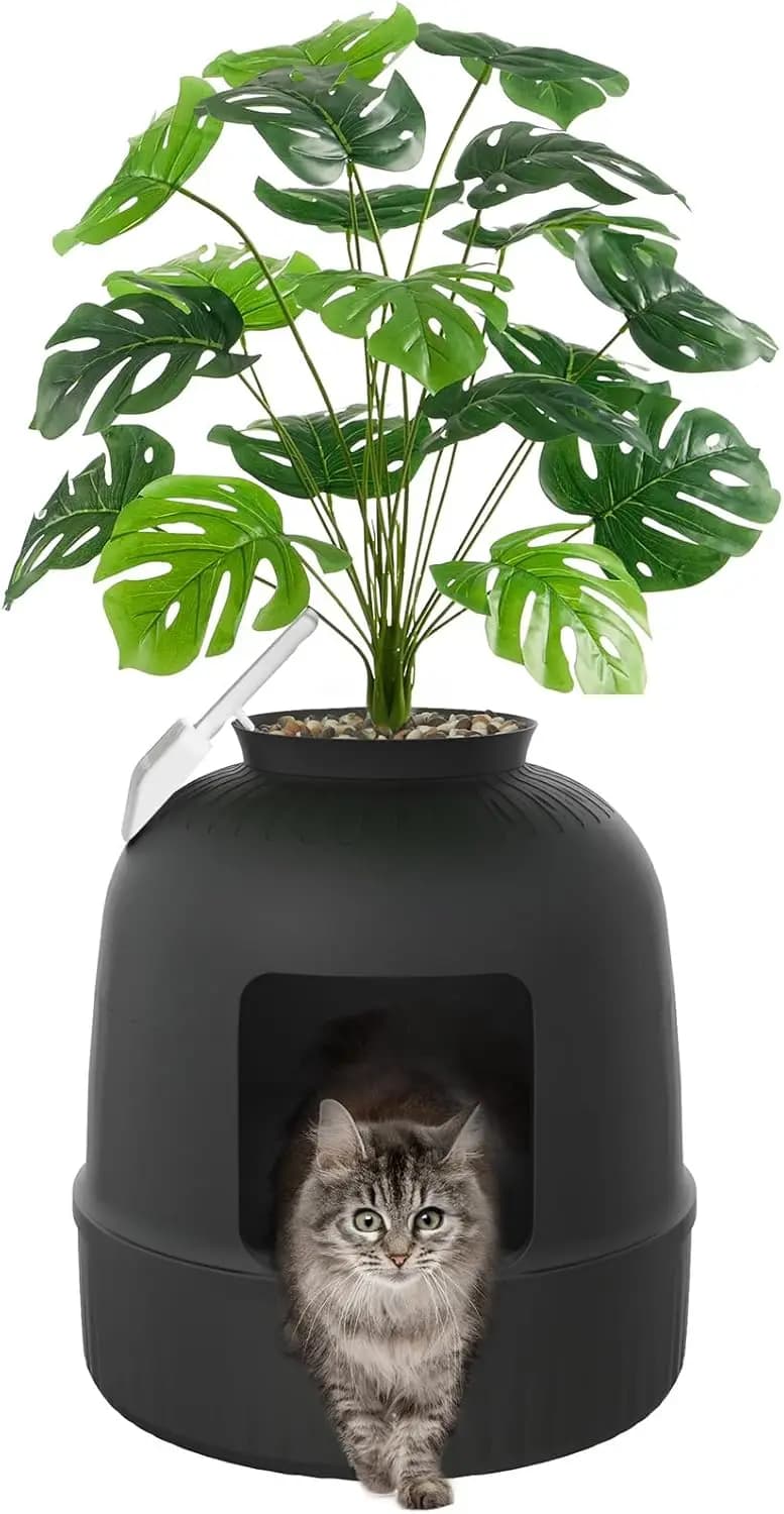 Lettiera per Gatti Nascosta con Controllo Odori, Pianta Artificiale e Paletta, 48x120cm Nera per Soggiorno