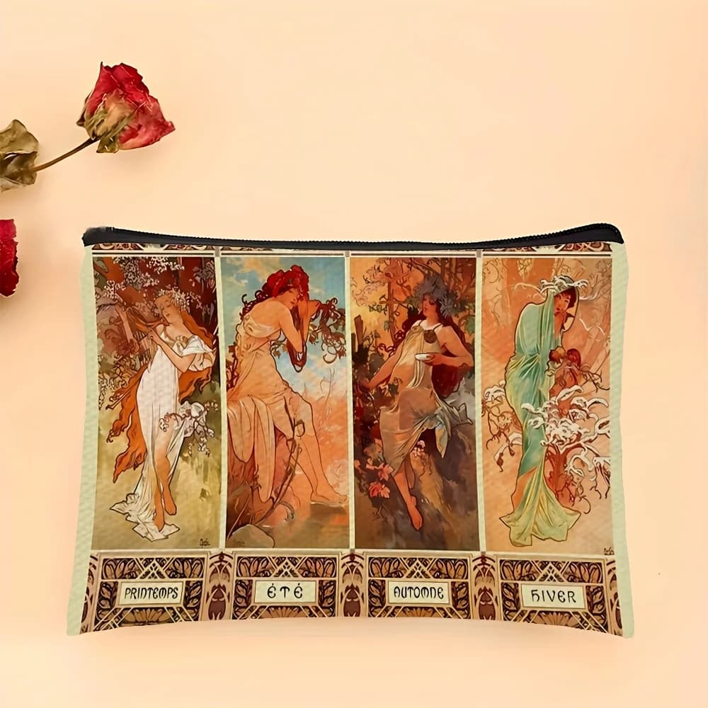 1 Piece Mucha Four Seasons Goddess Oil Painting Makeup Bag - Women's Multifunctional Zipper Bag, Perfect Travel Zipper Storage Bag, Fun Birthday Gift