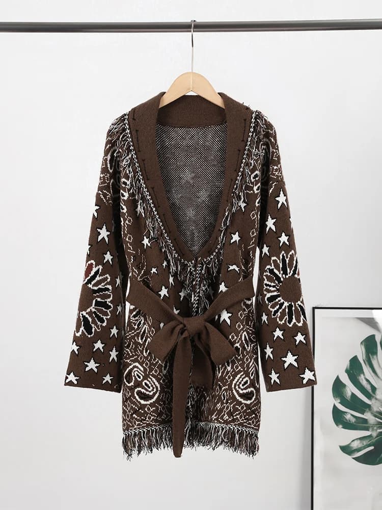 Cardigan con lacci con nappe jacquard vintage da donna maglione femminile a maniche lunghe con scollo a V lavorato a maglia 2026 maglieria elegante da donna primaverile