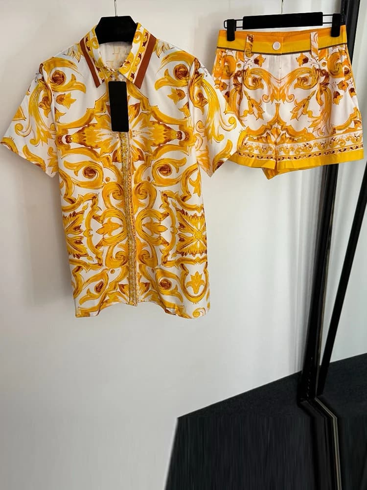 Retro Summer New Two Piece Swimwear Single-breasted Shirt Printed Short Sleeves High Waist Shorts Fashion Women's Dress