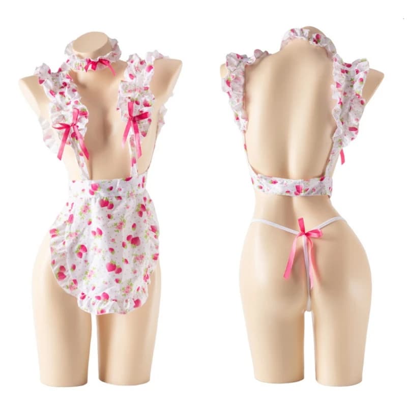 Anime Sweet Maid Uniform Costume Cosplay Fragola Hollow See Through Abiti da gioco di ruolo carini Vedi attraverso la biancheria intima della lingerie