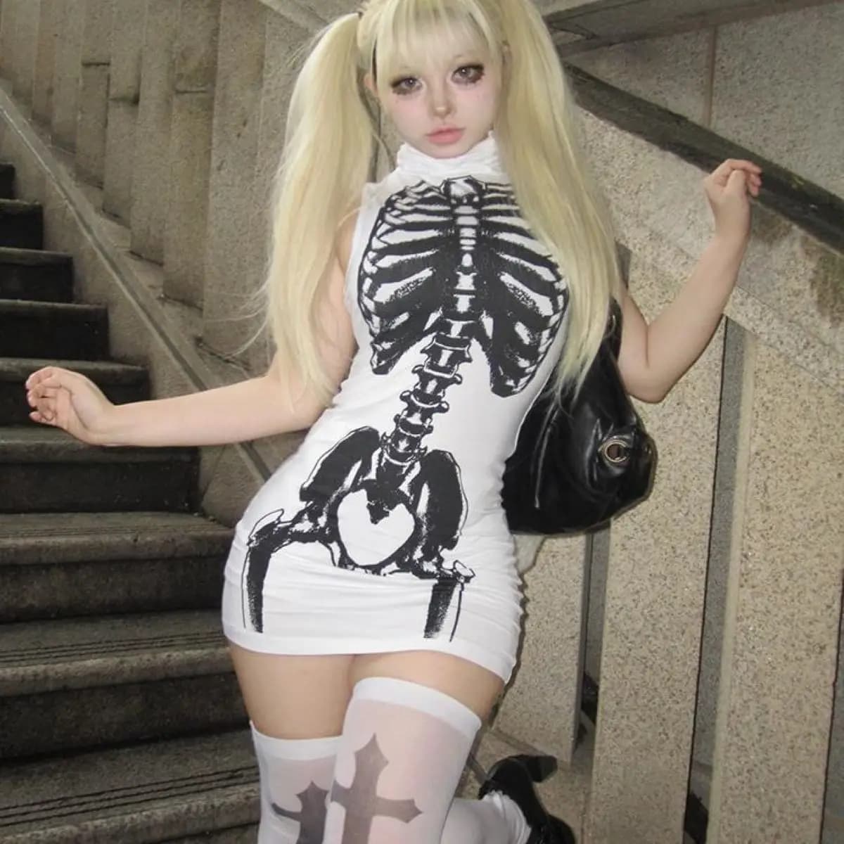 Y2K Harajuku Cosplay Dark Abstract Dragonfly Bone Print Mini Dress, Halloween Horror Print Sword Thigh-High Socks, Black and Whi
