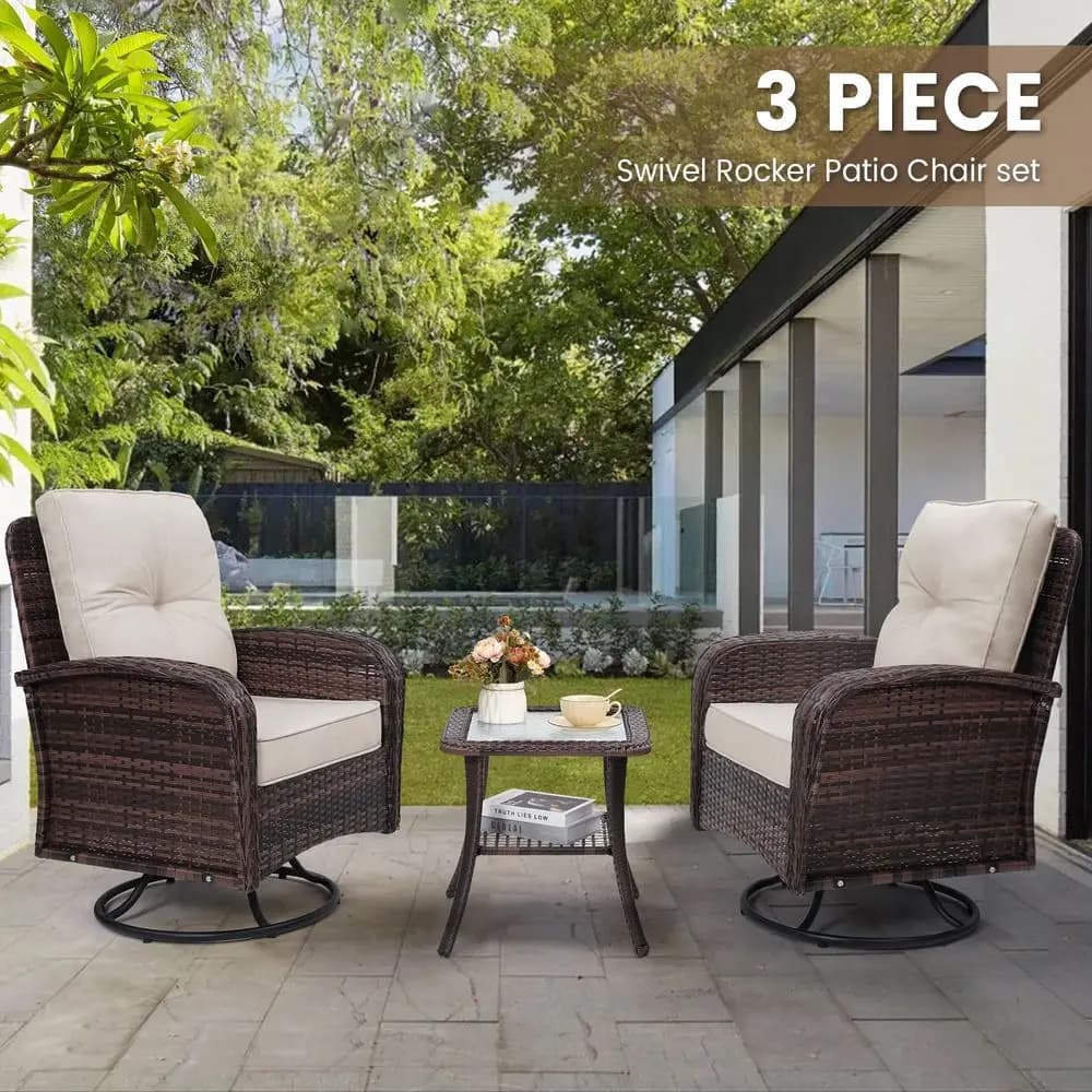 Luxury Outdoor Swivel Wicker Glider Patio Chairs with Table Set, Overstuffed Washable Cushions, Ideal for Porch, Balcony, Deck,