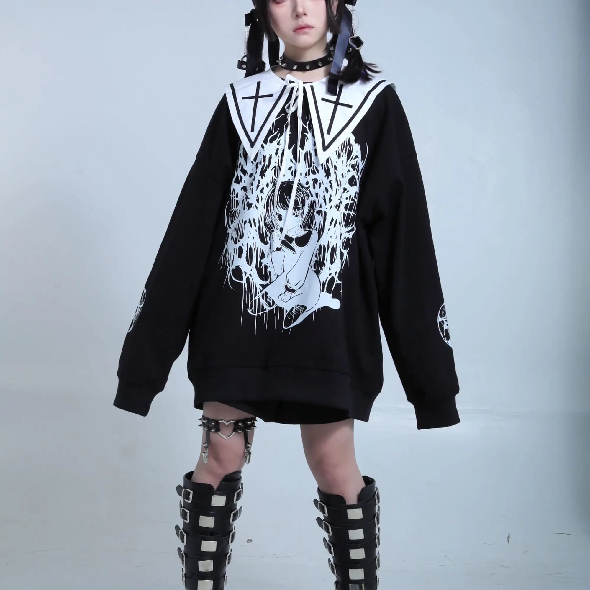 Y2K Estetica Autunno Cotone T-shirt a maniche lunghe Donna Giapponese Nero Cartoon Vintage Top Harajuku Punk Street Style Felpa con cappuccio Ragazza