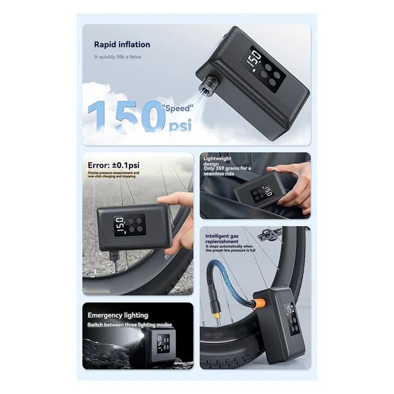 Super Sale Bicycle Inflator Pump with Lighting , Digital Gauge Rechargeable Wired Bike Tire Pump Lightweight & Portable