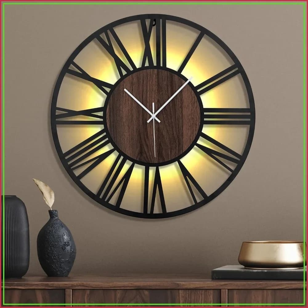 Large 24-Inch Metal Wall Clock with Smart Night Light, Silent Non-Ticking, Glow in Dark, Battery Operated, Modern Decor for Living Room Bedroom