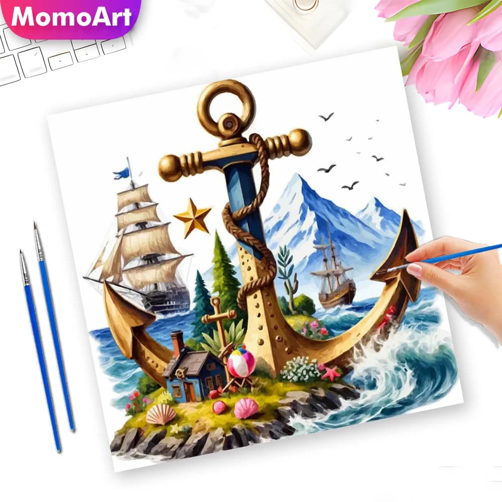 Momoart DIY Oil Painting Golden Anchor Boat Professional Art Use Pictures Mountain Design For Adults Unique Handmade Hobby