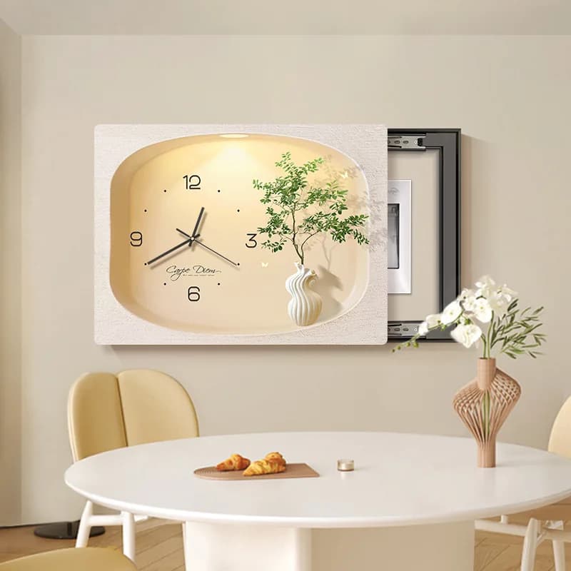 Decorative panel for electric counter with watch, wall painting for simple distribution picture, without holes, wall clock.