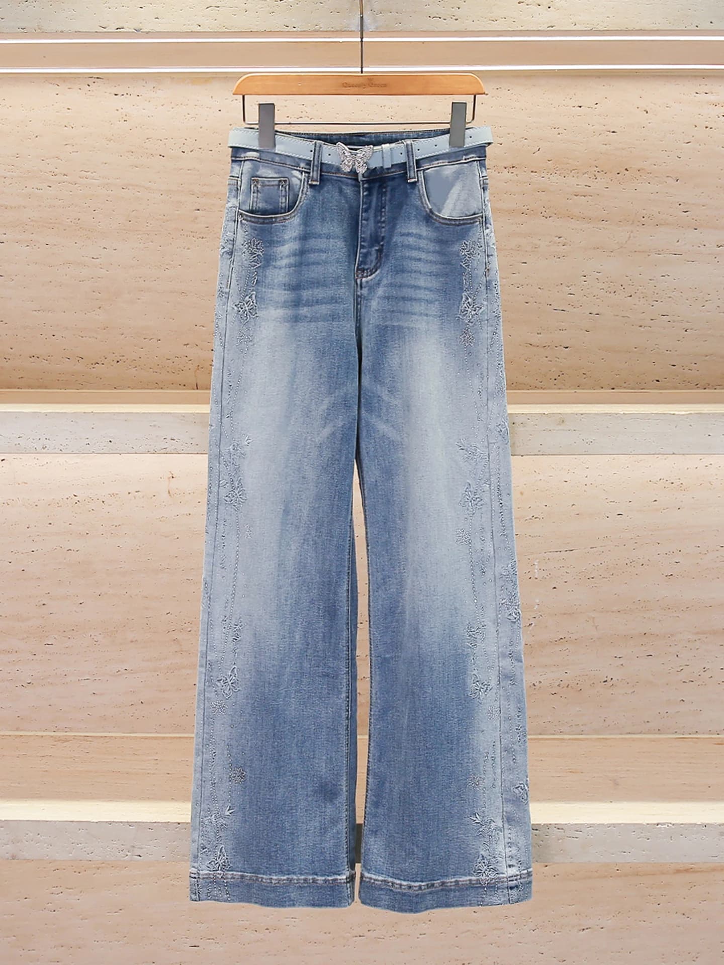 High Waist Wide Leg Denim Jeans Embroidered Belt Casual Versatile Women's Premium Fashion Summer 2026 Blue