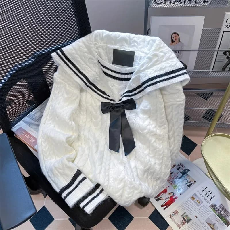 Pullover lavorati a maglia con colletto alla marinara con fiocco giapponese maglione a maniche lunghe carino moda coreana maglieria stile Preppy Top vestiti Y2k