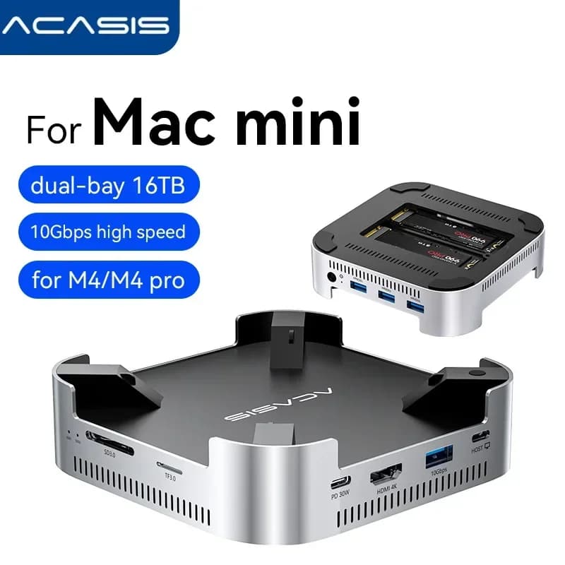 Acasis 10Gps USB-C Dual-bays M.2 NVMe Enclosure Storage e porte USB-A HDMI 4K60Hz Docking Station per Apple Mac mini M4/M4 Pro